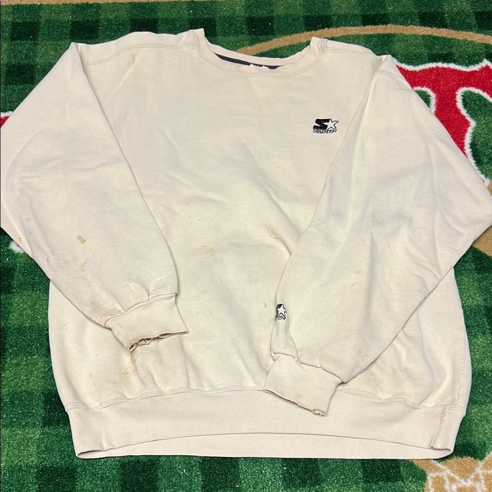 VTG 90s Starter Crewneck Sweatshirt M/L Cream Made In USA Logo Fleece Pullover